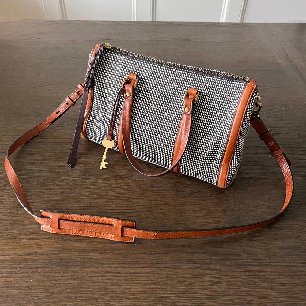 Fossil Rachel Satchel Black White Woven Dotted Leather Trim Crossbody Bag